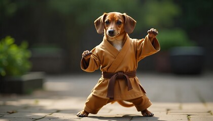 Adorable Dachshund in Karate Outfit Striking a Pose