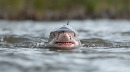 Fototapeta premium Great white shark head emerges from murky river water near a grassy shoreline during the day.