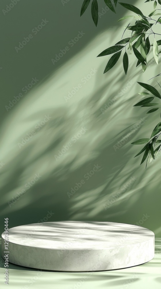 Poster a minimalist product display stand rests against a soft green backdrop, with shadows from lush leave