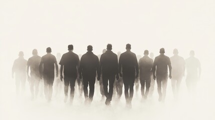 Silhouetted men walking in fog, towards light, hope concept
