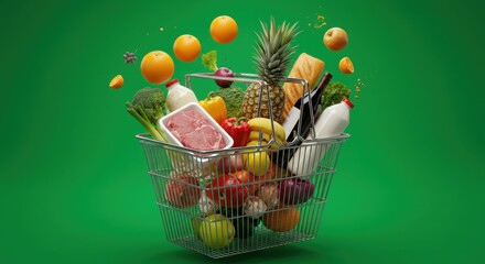 Floating grocery basket: fresh produce, meat, and dairy on vibrant green background