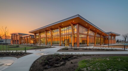 Modern community center at golden hour, spacious interior visible, outdoor paths and landscaping. Possible use for showcasing architectural design, community engagement