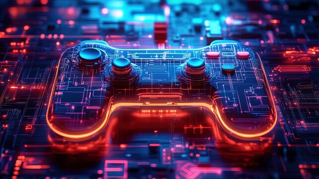 A high-tech abstract design with gaming elements, glowing neon grids, and digital circuitry - Powered by Adobe
