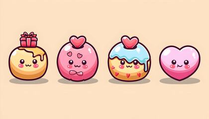 Naklejka premium Illustration - Cute Kawaii Donuts and Heart Characters with Gift, Bow, and Icing