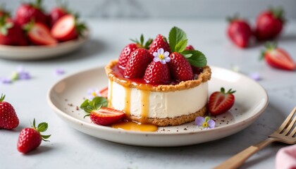 Strawberry tart with goat cheese mousse, fresh strawberries, honey, and edible flowers