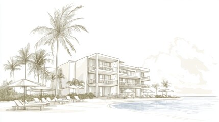 Obraz premium Tropical Beach Resort Sketch Oceanfront building, palm trees, pool, lounge chairs