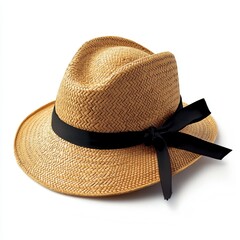 Straw hat, black ribbon, white background, summer fashion