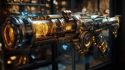 Fototapeta premium A futuristic, high-tech weapon with glowing elements and intricate mechanical design.