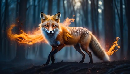 Obraz premium Fiery Fox in Enchanting Forest: A Digital Painting of Mystical Creature