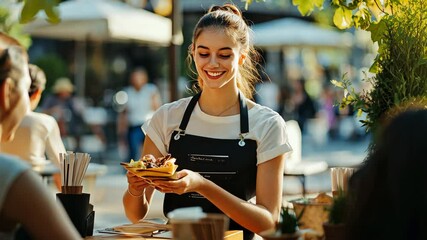 A cheerful waitress in an apron serving food to customers at a vibrant outdoor café on a sunny day
