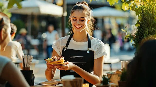 A cheerful waitress in an apron serving food to customers at a vibrant outdoor café on a sunny day