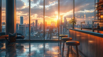 Rooftop bar with city sunset view, modern interior.  Possible use Stock photo for architectural or interior design