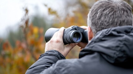 Fototapeta premium Man looking through binoculars while exploring the autumn forest during daytime.