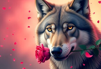 Wolf with a Rose: A Romantic Digital Art Image