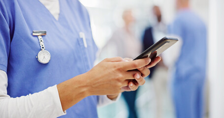 Person, hands or nurse with phone for telehealth, medical research or online course at hospital....