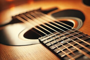 Fototapeta premium Un’immagine ravvicinata delle corde e della tastiera di una chitarra acustica in legno. Ideale per progetti musicali e didattici.