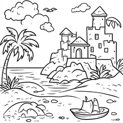 Obraz premium Simple Coloring Book Page Illustration Beach Fun