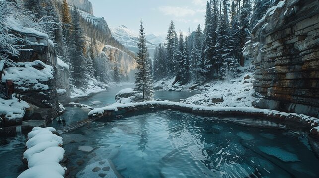 Snowy hot springs in a mountain valley, serene winter scene, possible use for travel and tourism promotion - Powered by Adobe