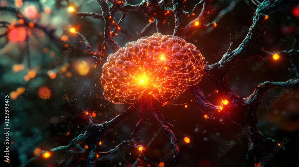 Poster glowing red brain neural network abstract digital art