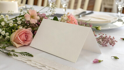 Paper Table Card Horizontal. Wedding Table Setting with Flowers.	