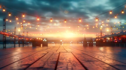 Fototapeta premium Sunset festival on wooden pier with string lights; use for product display