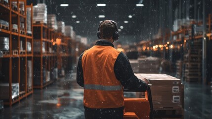 A warehouse worker wearing a headset and scanning barcodes while pulling a loaded pallet jack. Integration of technology in logistics, organized warehouse, photorealistic detail, cinematic 