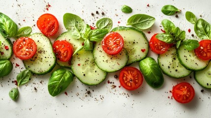 Freshly sliced cucumbers and tomatoes arranged with basil leaves on a light background, ideal for healthy recipes