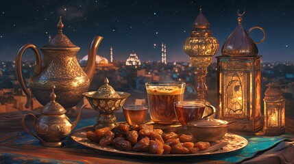 Obraz premium Eid mubarak celebration with traditional tea and dates on dark background