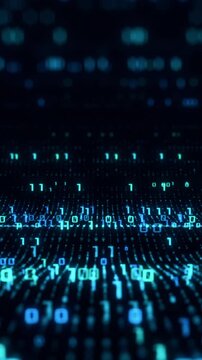 Digital data flow, data science concept, machine learning, big data, high speed global connections and data streaming, binary code, futuristic technology (3d render) vertical video