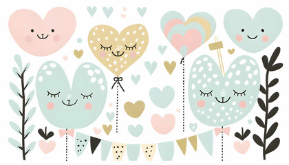 Whimsical Heart Illustration- Cute Hearts, Balloons, Decorations