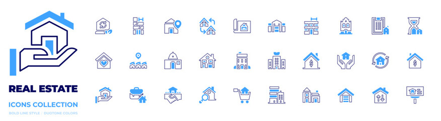 Real estate icon collection. Bold line style. Duotone colors. sale, house, home, real estate, property, plane, building, green city, relocate
