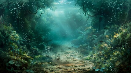 Underwater forest path, sunlight, aquatic plants, fantasy, background image
