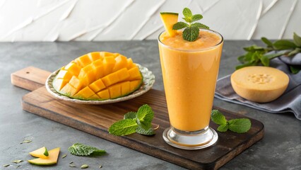 Fresh mango smoothie served with sliced mango and mint leaves on a wooden board in a cozy kitchen setting