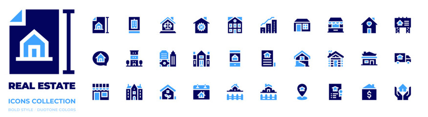 Real estate icon collection. Bold style. Duotone colors. project, real estate, condominium, eco house, mansion, country house, calendar