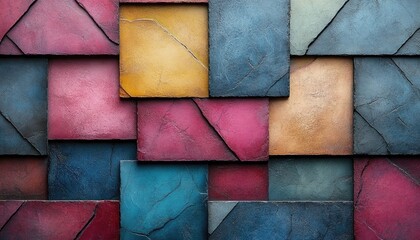 Abstract background of colorful square tiles with textured surface. Ideal for design projects needing a modern, artistic feel.