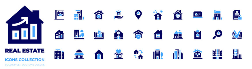 Real estate icon collection. Bold style. Duotone colors. property, success, architect, growing, flats, real estate, building, kutcha, sweet home, house