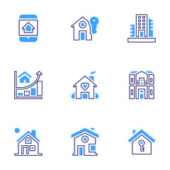 Real estate icon set. Bold line style. Duotone colors. Editable stroke. buy home, house, loan, modern house, building, address