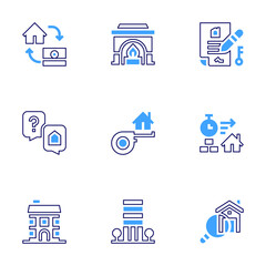 Real estate icon set. Bold line style. Duotone colors. Editable stroke. calculations, fireplace, mortgage, exchange, process, dimension, apartment, home, house