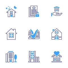 Real estate icon set. Bold line style. Duotone colors. Editable stroke. container, sweet home, villa, conversation, home, modern house, legal document, house