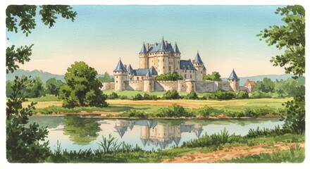 Obraz premium Majestic medieval castle with towers in serene landscape reflected in tranquil lake