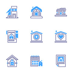 Real estate icon set. Bold line style. Duotone colors. Editable stroke. cottage, cabin, house, shelter, property, calendar, contract