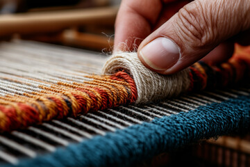 Hand Weaving Colorful Threads On Wooden Loom