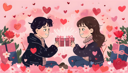 Illustration - Couple Exchanging Gifts Surrounded by Hearts and Flowers