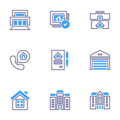 Real estate icon set. Bold line style. Duotone colors. Editable stroke. photo, contract, dwelling, apartments, mansion, dawn, briefcase, real estate, garage