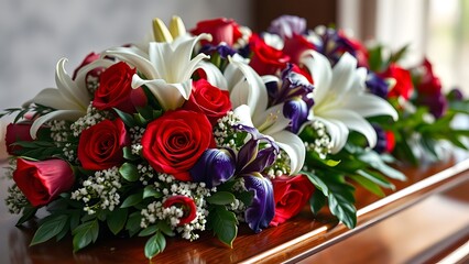 Obraz premium A close-up shows a lush arrangement of red roses, white lilies, purple irises, and baby's breath, placed on a wooden surface.