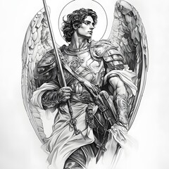 Monochrome image shows winged angel in ornate armor holding a spear, featuring a halo and a determined facial expression.