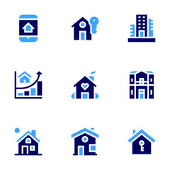 Fototapeta premium Real estate icon set. Bold style. Duotone colors. buy home, dwelling, house, building, address, dawn, real estate