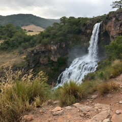 Obraz premium Cascading Waterfall in Rugged Mountain Landscape