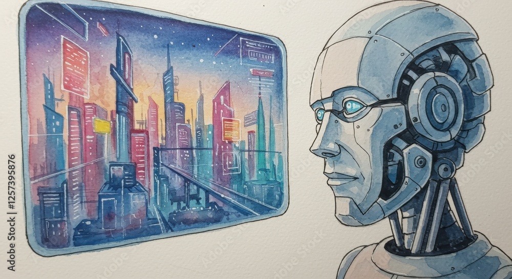 Poster futuristic robot viewing a vibrant sci-fi cityscape through a virtual window