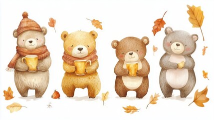 Naklejka premium Set of four cute bears character in warm autumn season painted in watercolor vector illustration on a white isolated background.